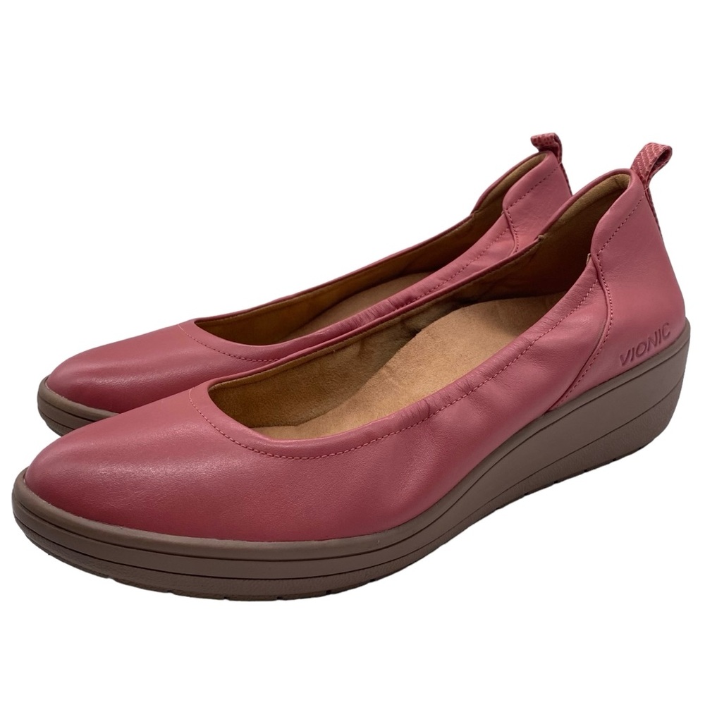 Vionic Shoes Jacey Wedges Pink Leather Slip On Comfort Arch Support Casual Sz 11